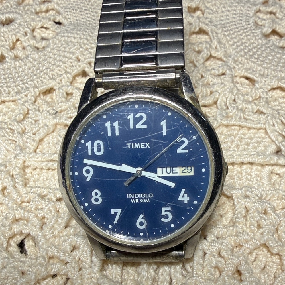 Timex Silver and Blue Indiglo Watch